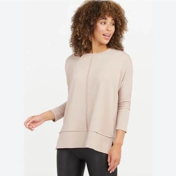 Nwot SPANX Sweatshirt Tunic M Pink Slit-sides Long-Sleeve Round-Neck Stretchy